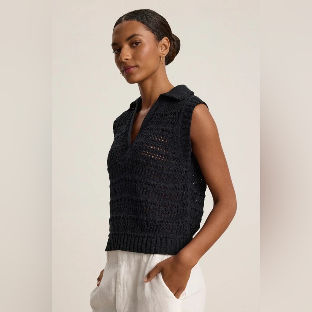 VELVET BY GRAHAM & SPENCER renee cotton crochet polo sweater in black size XS - Picture 2 of 7